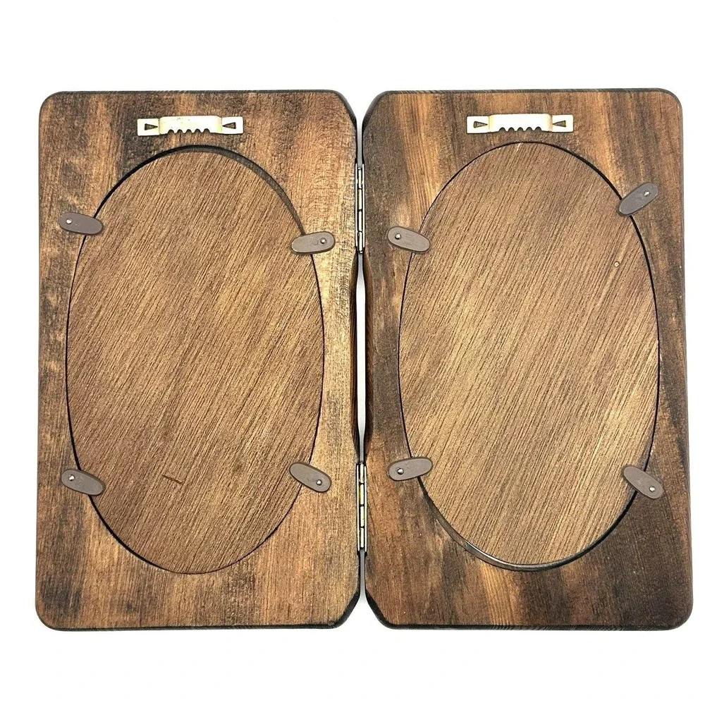 Vintage Wood Double Hinged 5x7 Photo Frame Oval Glass Scrollwork Rustic